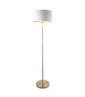Highclere Floor Lamp with Shade Antique Brass Plate, Vintage White Fabric, 1x E27