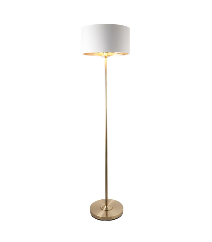 Highclere Floor Lamp with Shade Antique Brass Plate, Vintage White Fabric, 1x E27