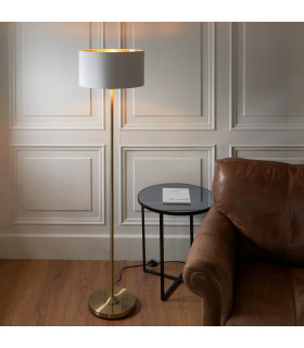 Highclere Floor Lamp with Shade Antique Brass Plate, Vintage White Fabric, 1x E27