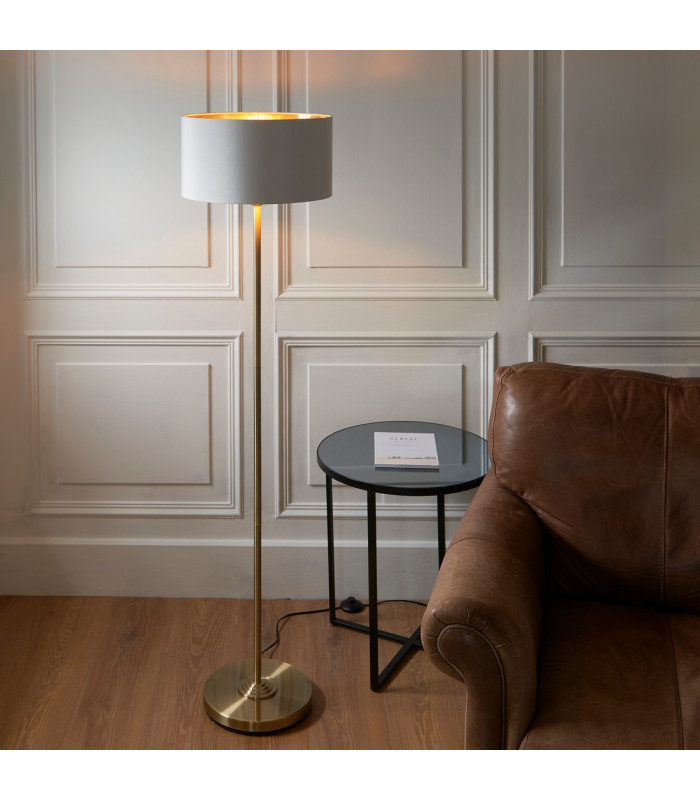 Highclere Floor Lamp with Shade Antique Brass Plate, Vintage White Fabric, 1x E27