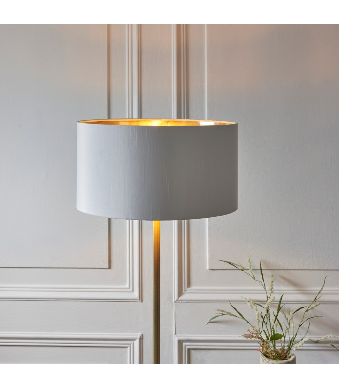 Highclere Floor Lamp with Shade Antique Brass Plate, Vintage White Fabric, 1x E27