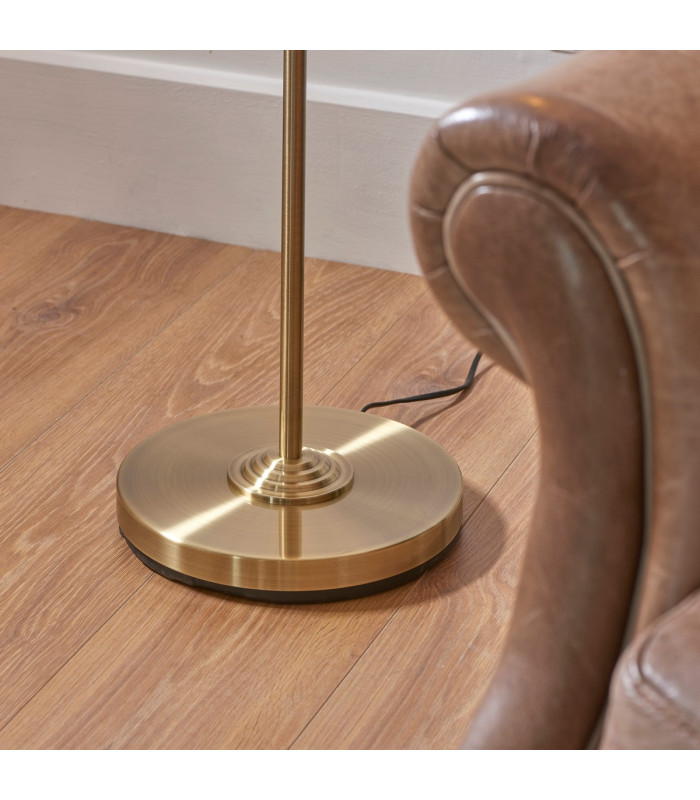 Highclere Floor Lamp with Shade Antique Brass Plate, Vintage White Fabric, 1x E27