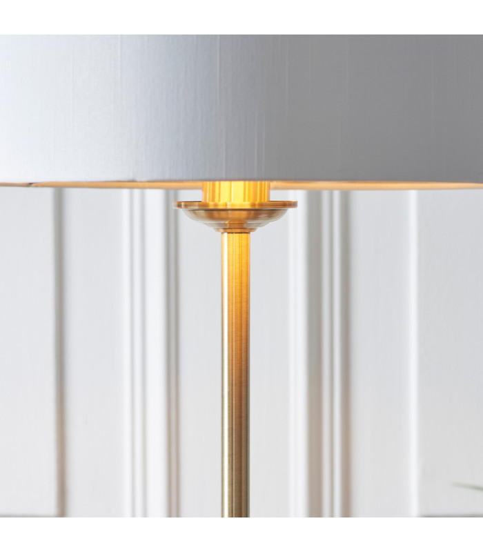 Highclere Floor Lamp with Shade Antique Brass Plate, Vintage White Fabric, 1x E27