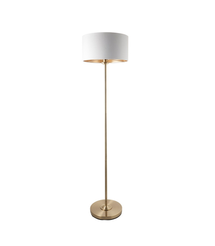 Highclere Floor Lamp with Shade Antique Brass Plate, Vintage White Fabric, 1x E27