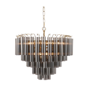 Toulouse Pendant Ceiling Light Satin Brass Plate, Smokey Grey Lustre Glass, 12x G9