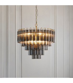 Toulouse Pendant Ceiling Light Satin Brass Plate, Smokey Grey Lustre Glass, 12x G9