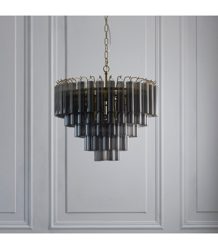 Toulouse Pendant Ceiling Light Satin Brass Plate, Smokey Grey Lustre Glass, 12x G9