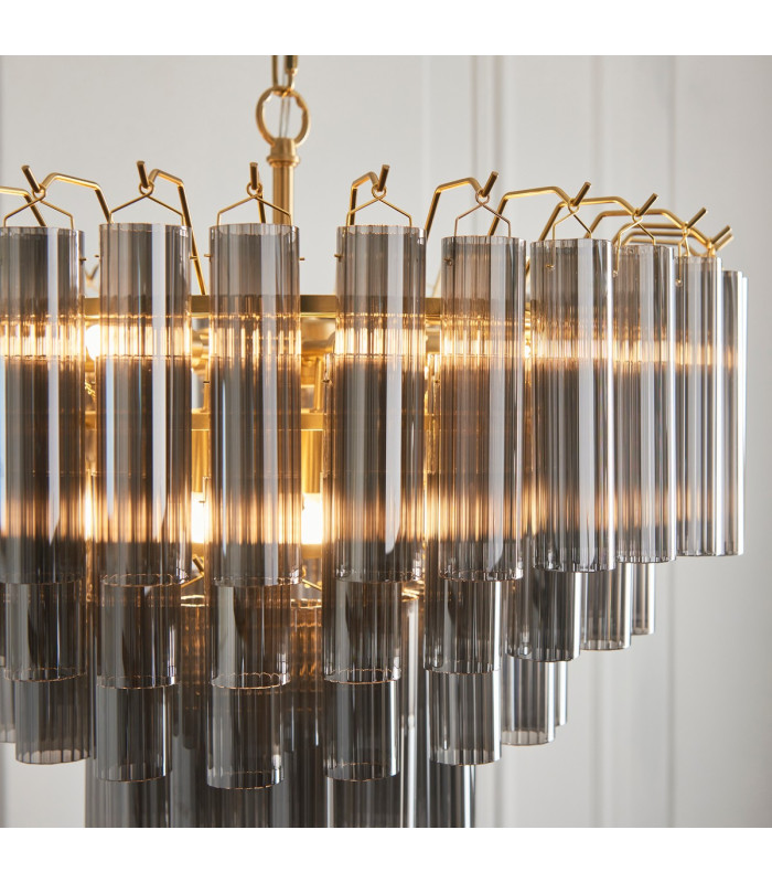 Toulouse Pendant Ceiling Light Satin Brass Plate, Smokey Grey Lustre Glass, 12x G9