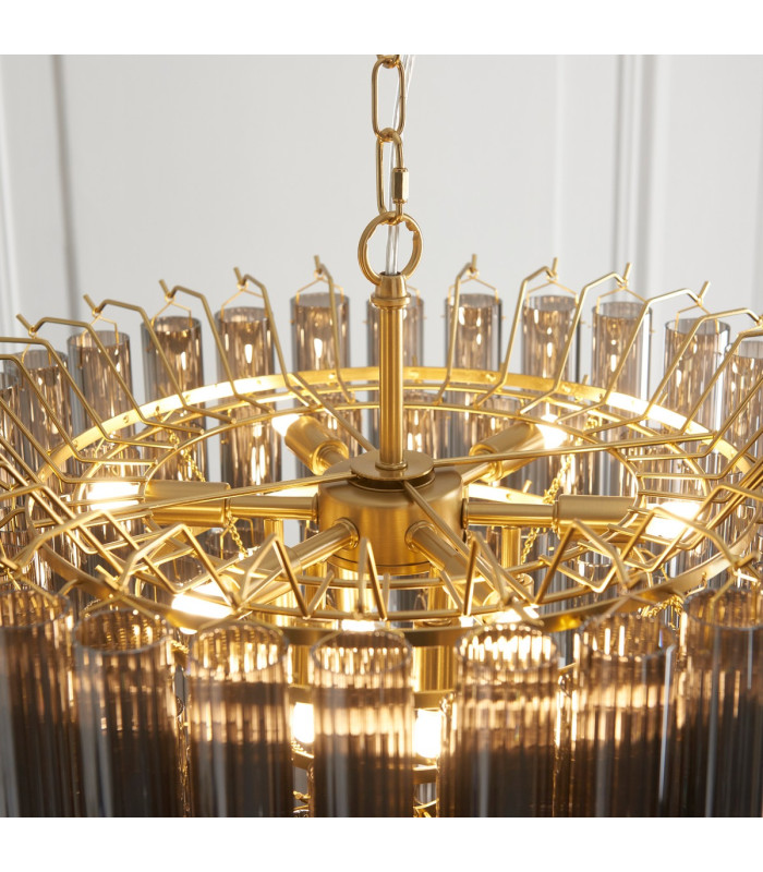 Toulouse Pendant Ceiling Light Satin Brass Plate, Smokey Grey Lustre Glass, 12x G9