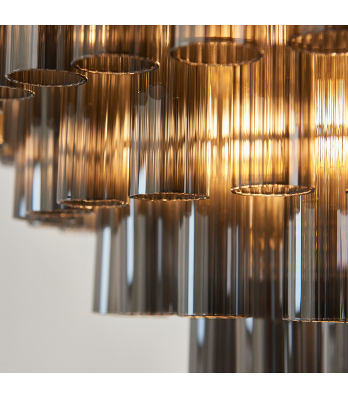 Toulouse Pendant Ceiling Light Satin Brass Plate, Smokey Grey Lustre Glass, 12x G9