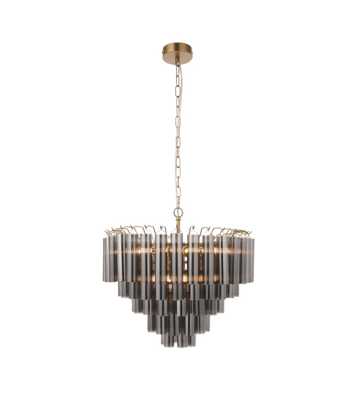 Toulouse Pendant Ceiling Light Satin Brass Plate, Smokey Grey Lustre Glass, 12x G9