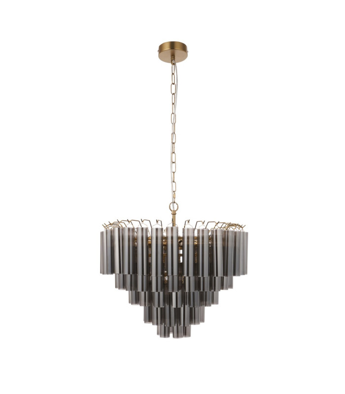 Toulouse Pendant Ceiling Light Satin Brass Plate, Smokey Grey Lustre Glass, 12x G9