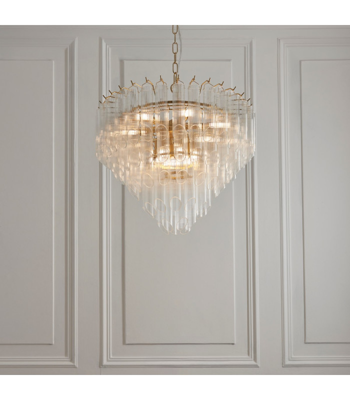 Toulouse Pendant Ceiling Light Satin Brass Plate, Clear Ribbed Glass, 12x G9