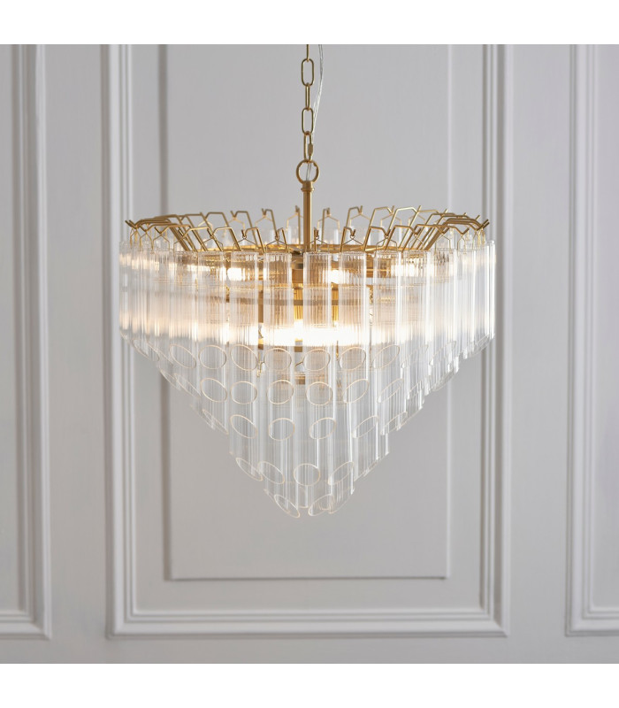 Toulouse Pendant Ceiling Light Satin Brass Plate, Clear Ribbed Glass, 12x G9