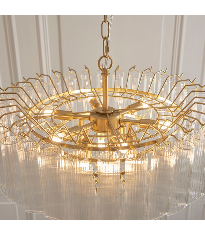 Toulouse Pendant Ceiling Light Satin Brass Plate, Clear Ribbed Glass, 12x G9