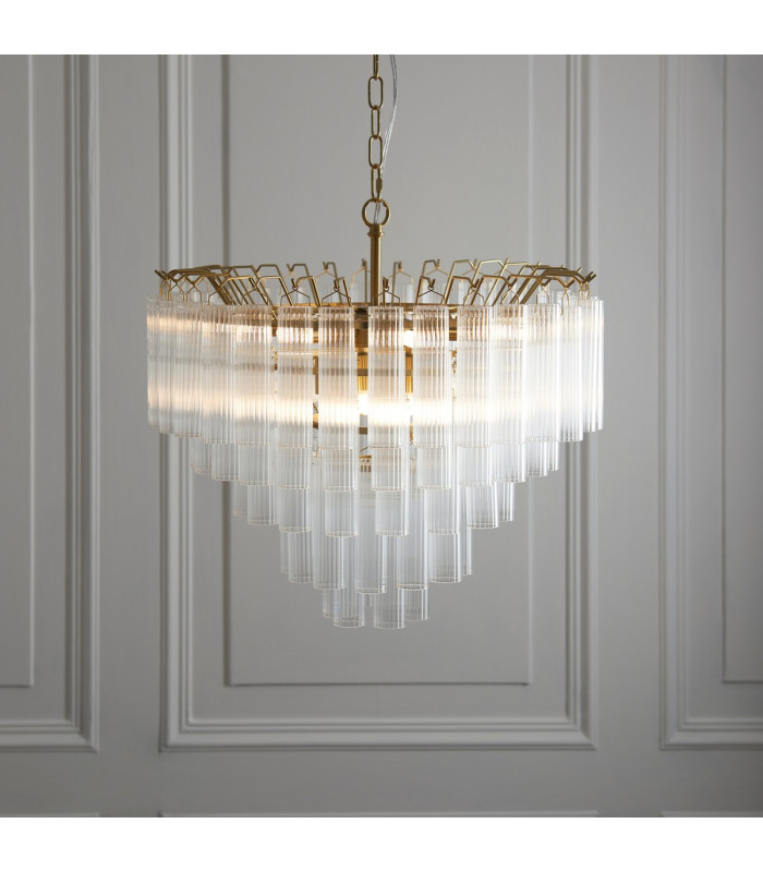Toulouse Pendant Ceiling Light Satin Brass Plate, Clear Fine Ribbed Glass, 12x G9