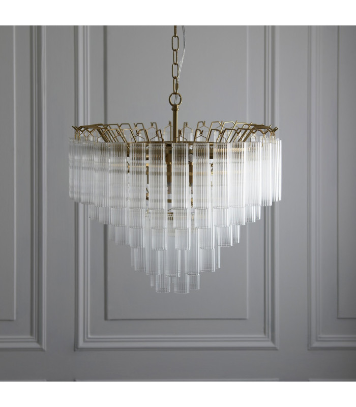 Toulouse Pendant Ceiling Light Satin Brass Plate, Clear Fine Ribbed Glass, 12x G9