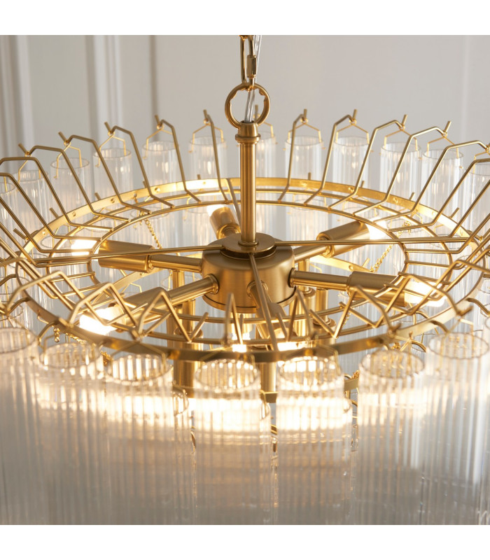 Toulouse Pendant Ceiling Light Satin Brass Plate, Clear Fine Ribbed Glass, 12x G9