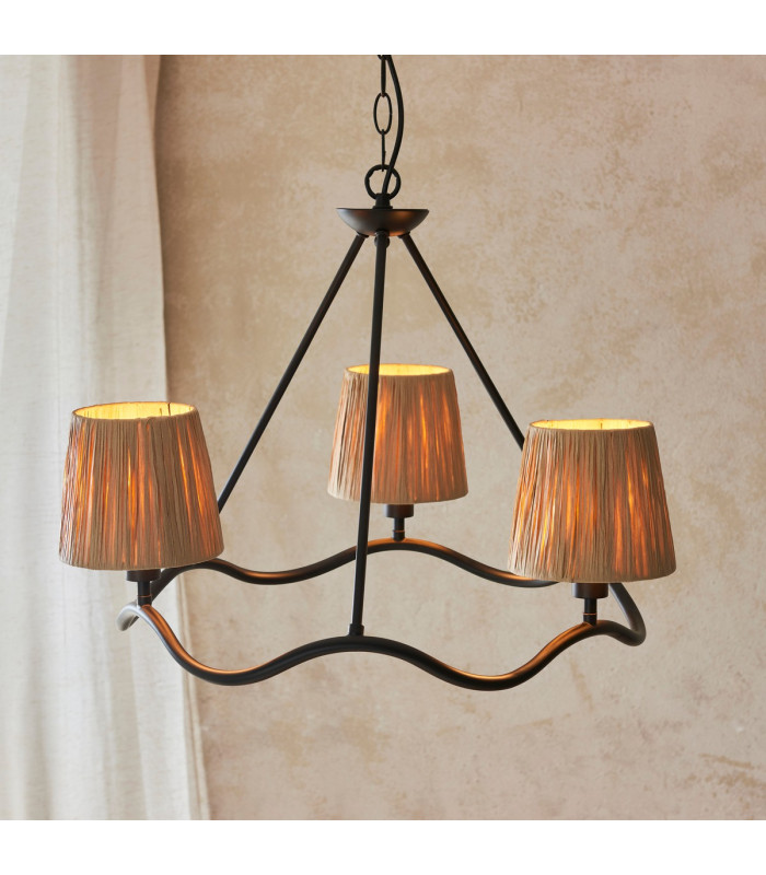 Wriggle Multi Arm Pendant Ceiling Light Matt Black, Natural Raffia, 3x E14