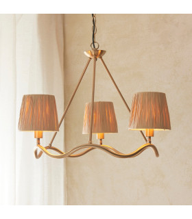 Wriggle Multi Arm Pendant Ceiling Light Brushed Aged Brass Plate, Natural Raffia, 3x E14