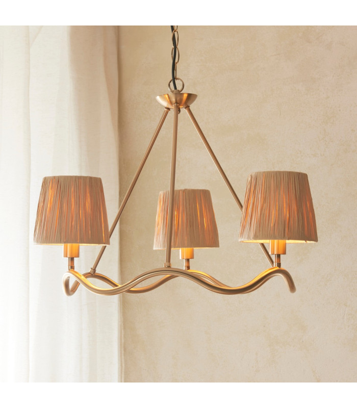 Wriggle Multi Arm Pendant Ceiling Light Brushed Aged Brass Plate, Natural Raffia, 3x E14