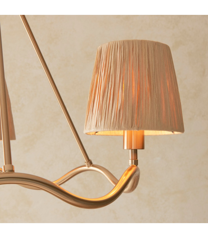 Wriggle Multi Arm Pendant Ceiling Light Brushed Aged Brass Plate, Natural Raffia, 3x E14