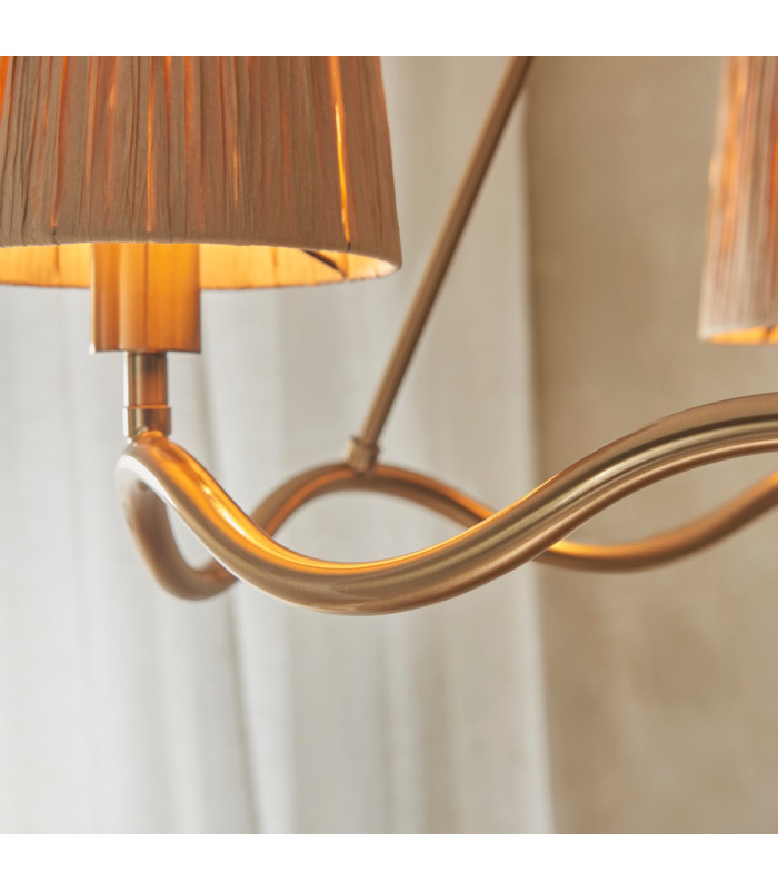 Wriggle Multi Arm Pendant Ceiling Light Brushed Aged Brass Plate, Natural Raffia, 3x E14