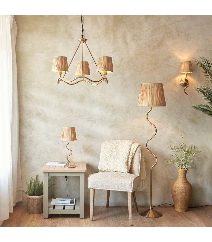 Wriggle Multi Arm Pendant Ceiling Light Brushed Aged Brass Plate, Natural Raffia, 3x E14