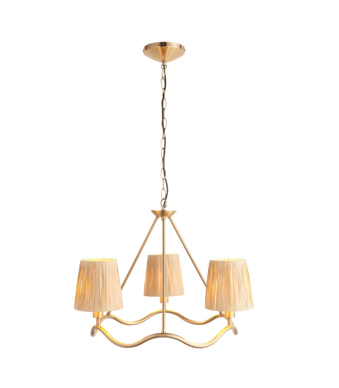 Wriggle Multi Arm Pendant Ceiling Light Brushed Aged Brass Plate, Natural Raffia, 3x E14