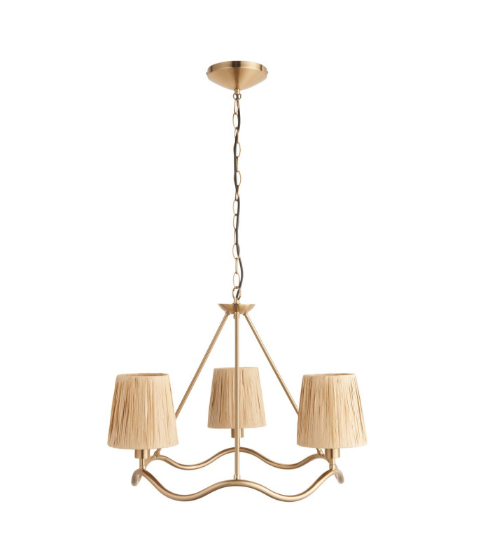 Wriggle Multi Arm Pendant Ceiling Light Brushed Aged Brass Plate, Natural Raffia, 3x E14