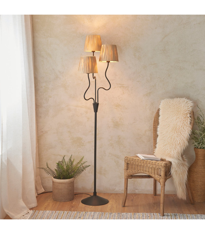 Wriggle Multi Arm Floor Lamp Matt Black, Natural Raffia, 3x E14