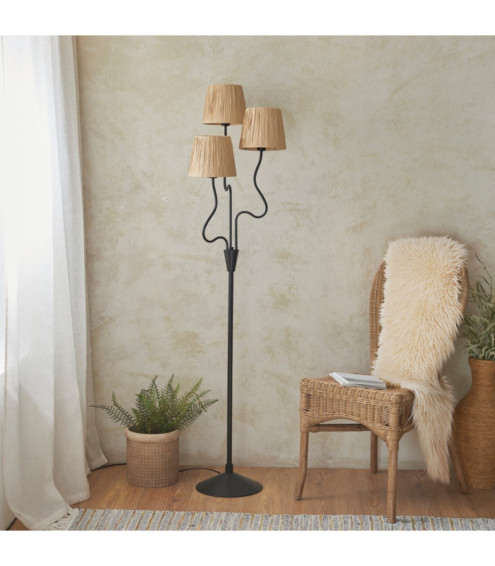 Wriggle Multi Arm Floor Lamp Matt Black, Natural Raffia, 3x E14