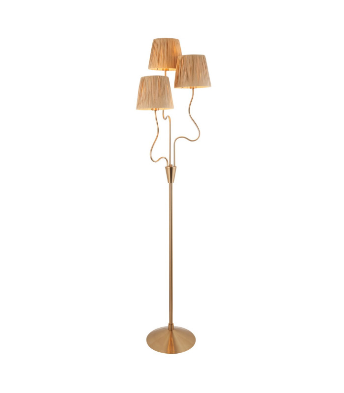 Wriggle Multi Arm Floor Lamp Brushed Aged Brass Plate, Natural Raffia, 3x E14
