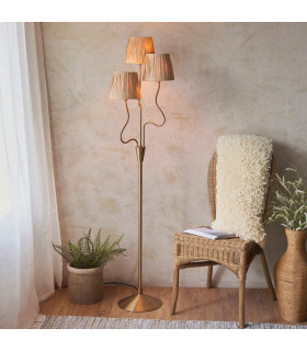 Wriggle Multi Arm Floor Lamp Brushed Aged Brass Plate, Natural Raffia, 3x E14