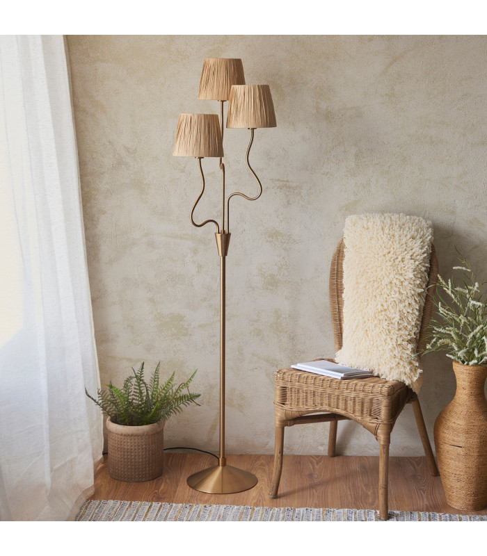 Wriggle Multi Arm Floor Lamp Brushed Aged Brass Plate, Natural Raffia, 3x E14