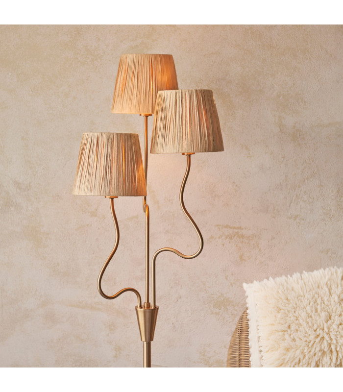 Wriggle Multi Arm Floor Lamp Brushed Aged Brass Plate, Natural Raffia, 3x E14