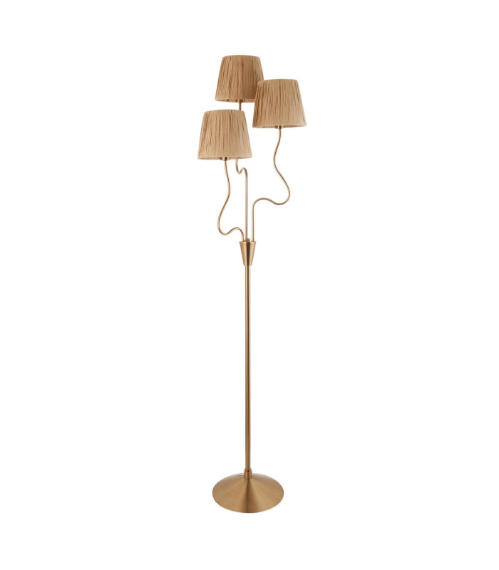 Wriggle Multi Arm Floor Lamp Brushed Aged Brass Plate, Natural Raffia, 3x E14