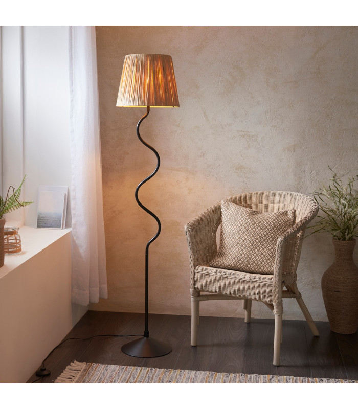 Wriggle Floor Lamp with Tapered Shade Matt Black, Natural Raffia, 1x E27