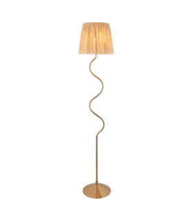 Wriggle Floor Lamp with Tapered Shade Brushed Aged Brass Plate, Natural Raffia, 1x E27