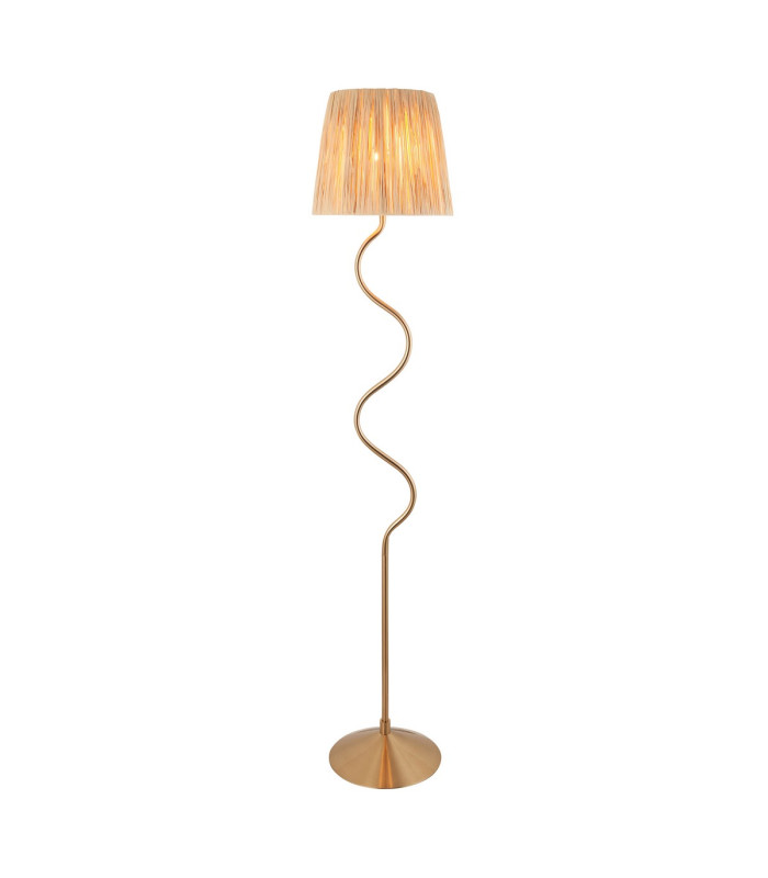Wriggle Floor Lamp with Tapered Shade Brushed Aged Brass Plate, Natural Raffia, 1x E27