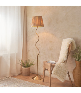 Wriggle Floor Lamp with Tapered Shade Brushed Aged Brass Plate, Natural Raffia, 1x E27