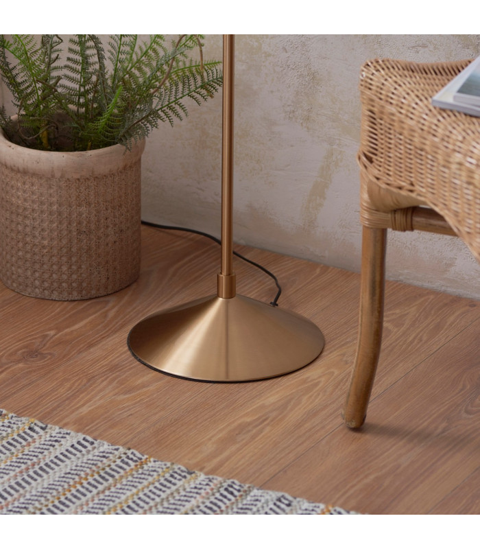 Wriggle Floor Lamp with Tapered Shade Brushed Aged Brass Plate, Natural Raffia, 1x E27