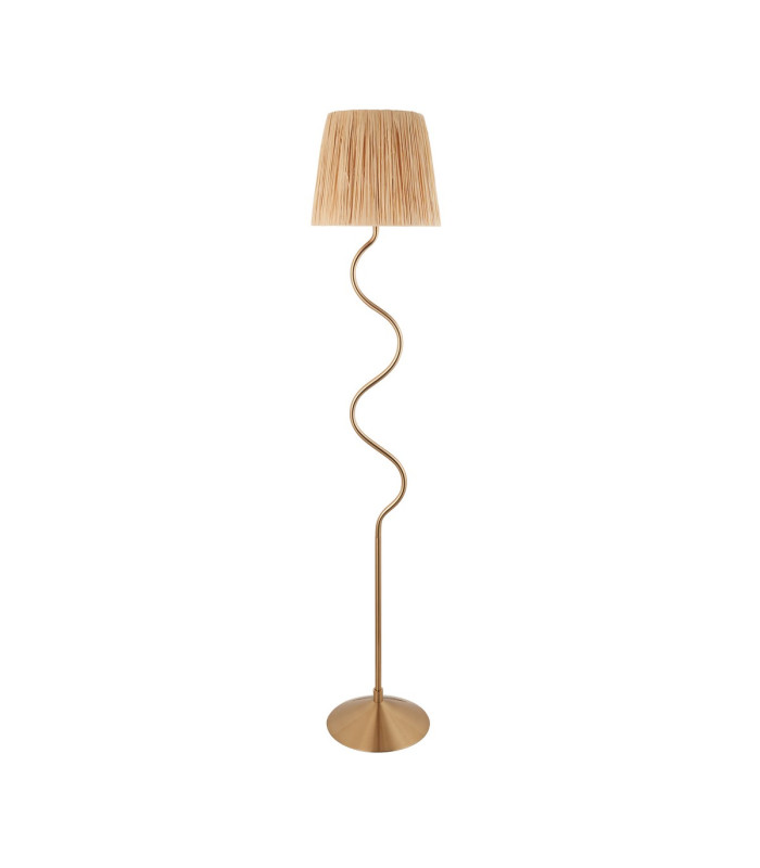 Wriggle Floor Lamp with Tapered Shade Brushed Aged Brass Plate, Natural Raffia, 1x E27