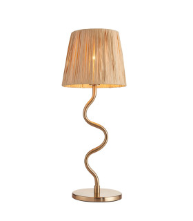 Wriggle Table Lamp with Round Tapered Shade Brushed Aged Brass Plate, Natural Raffia, 1x E14