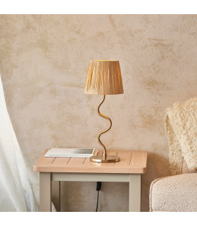 Wriggle Table Lamp with Round Tapered Shade Brushed Aged Brass Plate, Natural Raffia, 1x E14