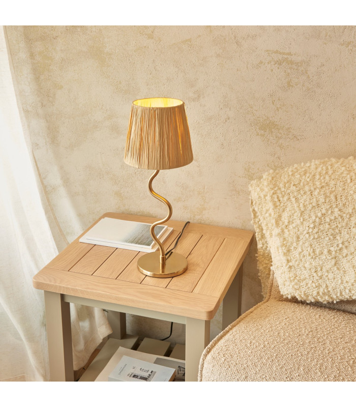 Wriggle Table Lamp with Round Tapered Shade Brushed Aged Brass Plate, Natural Raffia, 1x E14