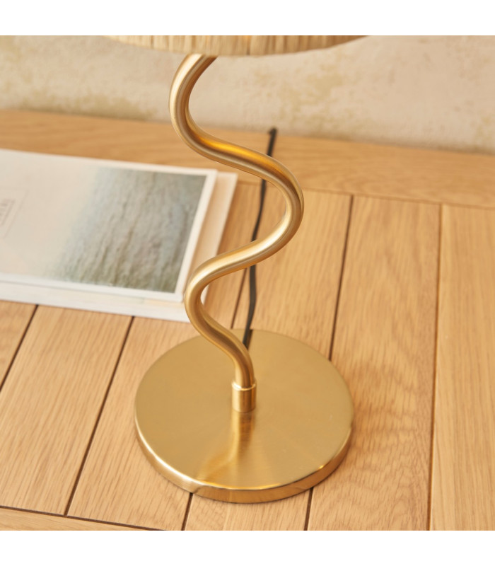 Wriggle Table Lamp with Round Tapered Shade Brushed Aged Brass Plate, Natural Raffia, 1x E14