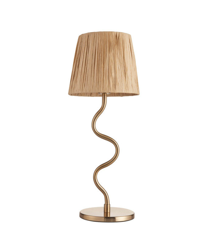 Wriggle Table Lamp with Round Tapered Shade Brushed Aged Brass Plate, Natural Raffia, 1x E14