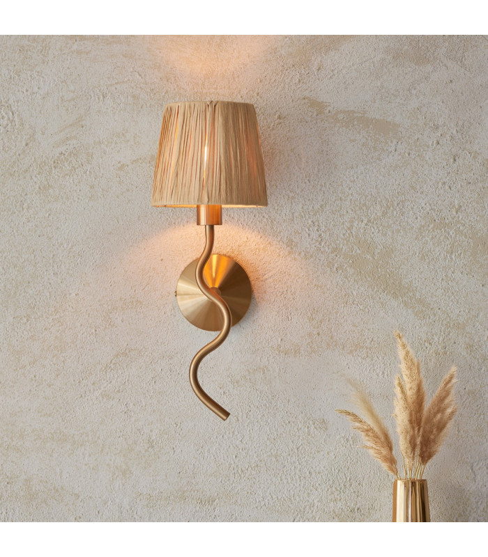 Wriggle Wall Lamp with Shade Brushed Aged Brass Plate, Natural Raffia, 1x E14