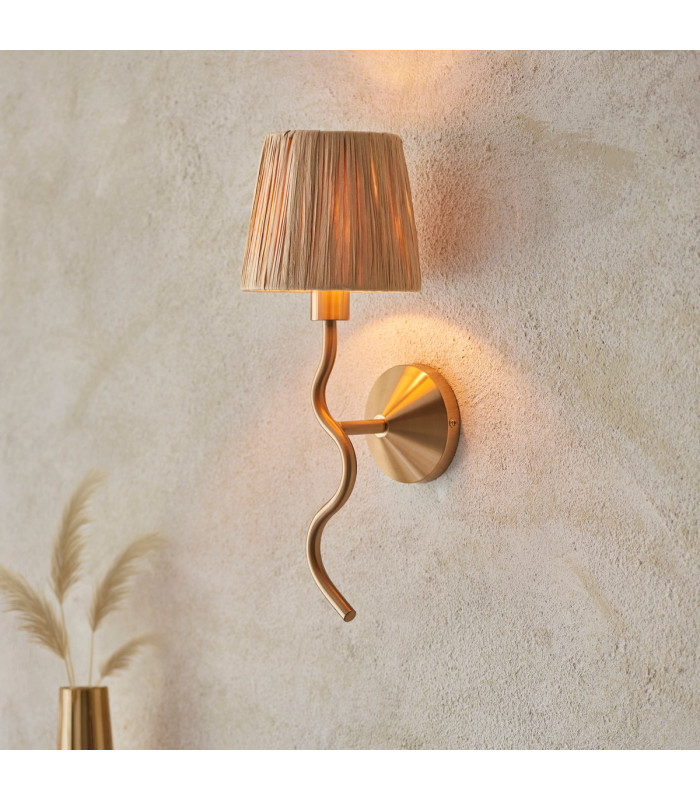 Wriggle Wall Lamp with Shade Brushed Aged Brass Plate, Natural Raffia, 1x E14